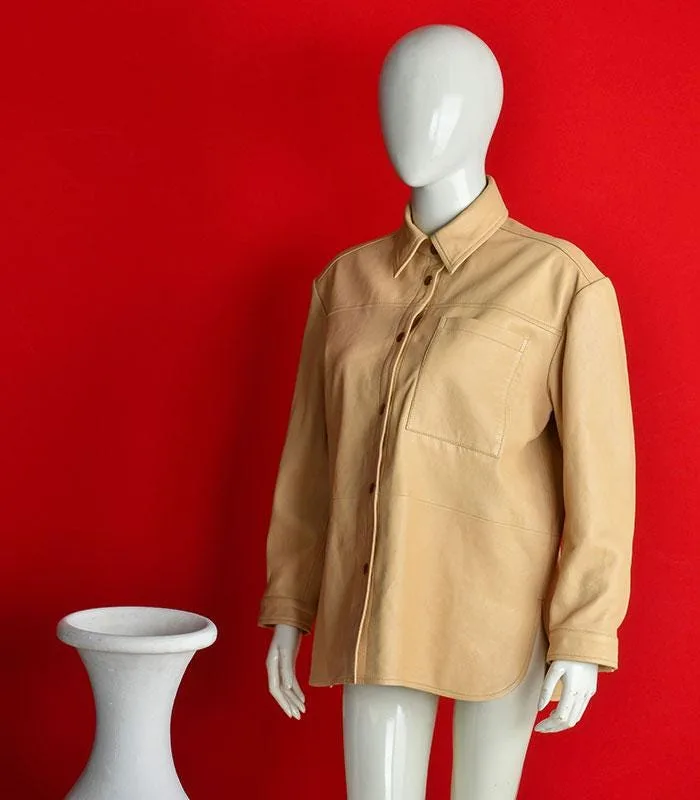 Beige Oversized Shacket Women Button Up Shirt Jacket Minimalist Casual Coat