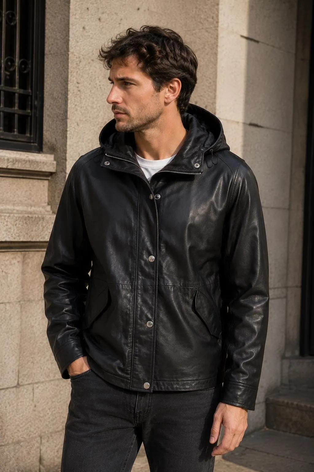 Black Cropped Leather Jacket for Women | Minimalist Zip Up Leather Bomber