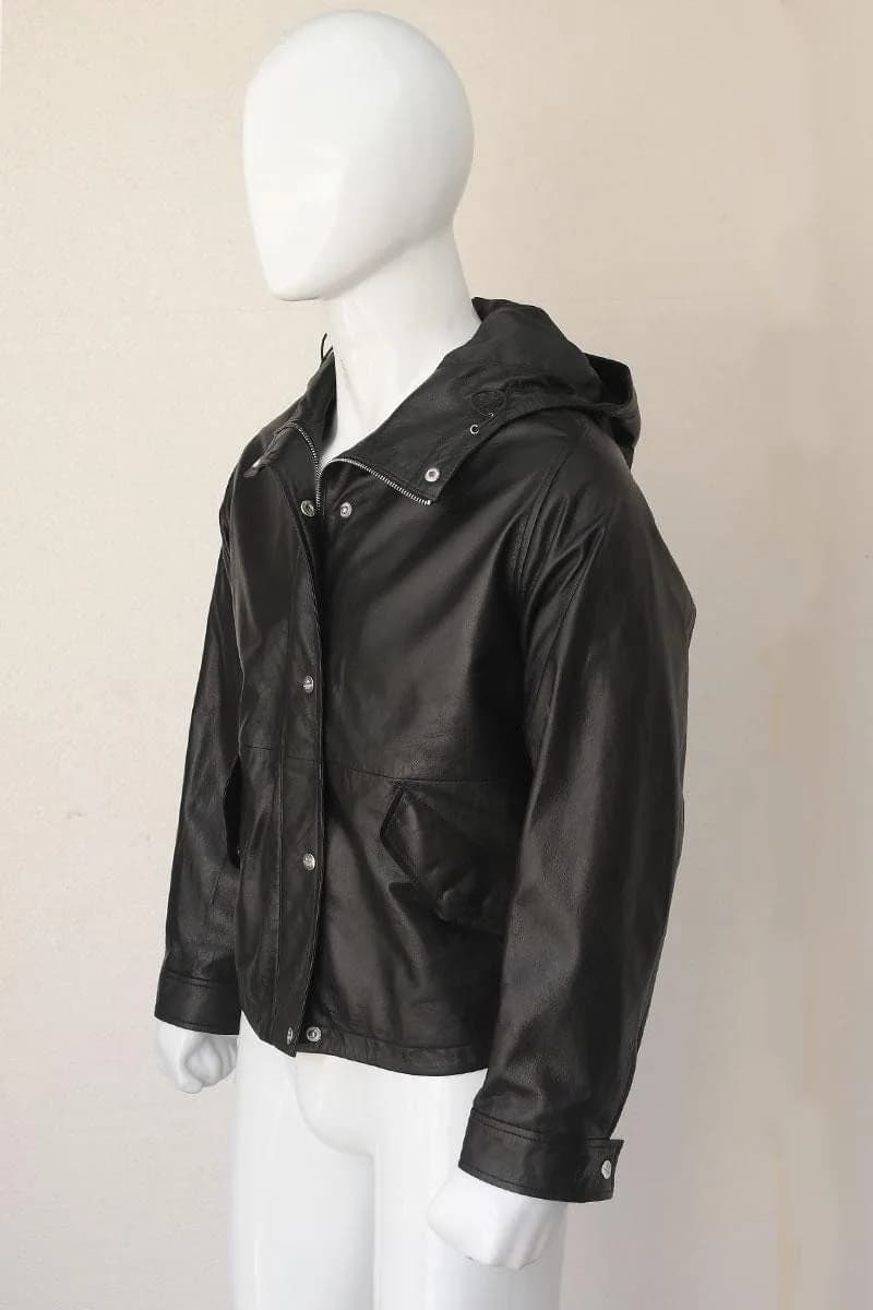 Black Cropped Leather Jacket for Women | Minimalist Zip Up Leather Bomber