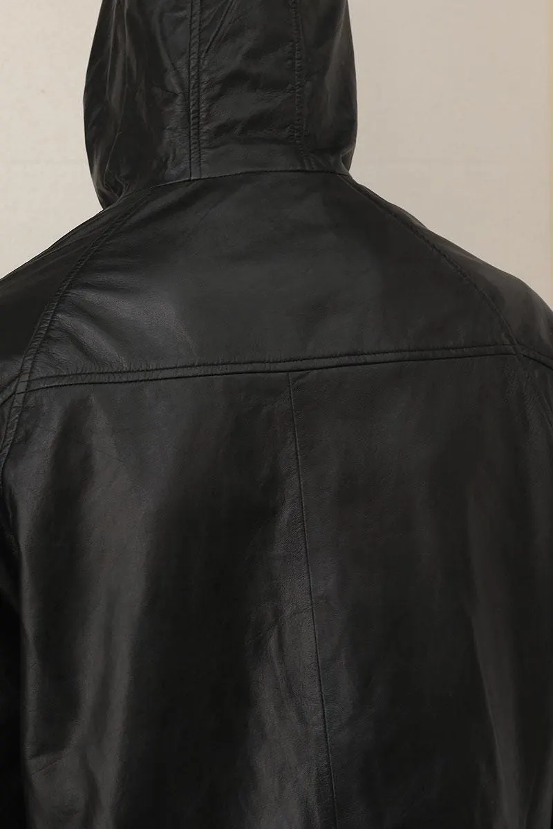 Black Cropped Leather Jacket for Women | Minimalist Zip Up Leather Bomber