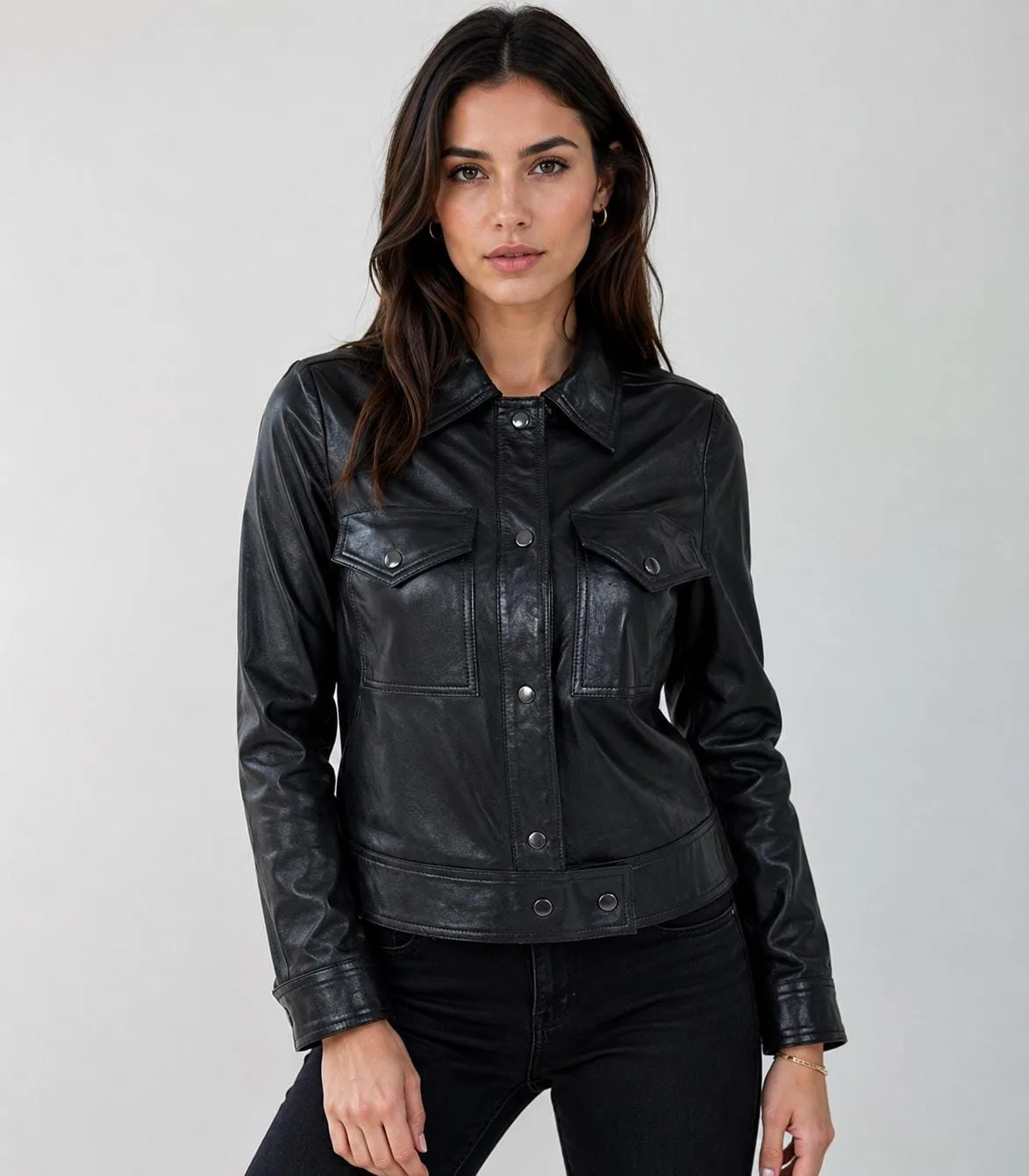 Black Leather Shacket | Genuine Leather Belted Trucker Jacket