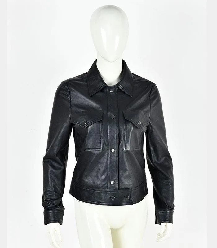 Black Leather Shacket | Genuine Leather Belted Trucker Jacket