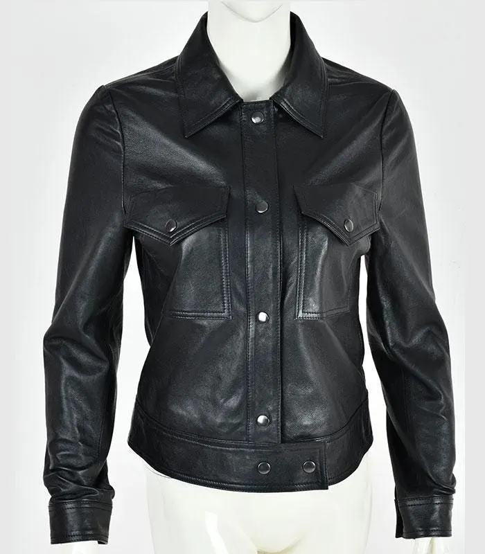 Black Leather Shacket | Genuine Leather Belted Trucker Jacket