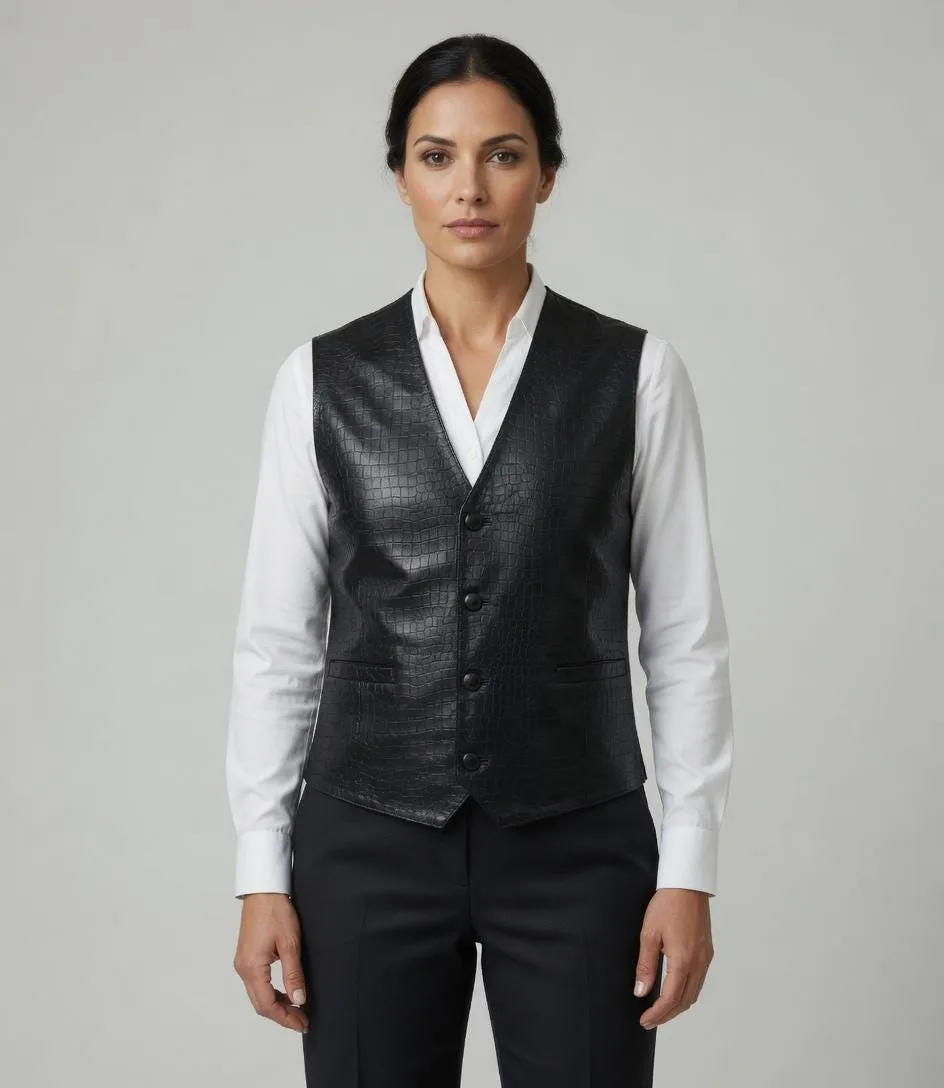 Black Leather Vest for unisex| Crocodile Texture Waistcoat