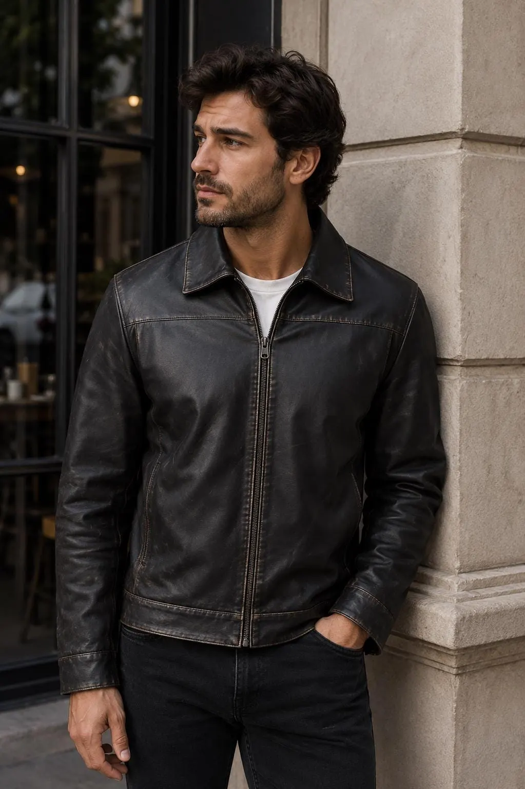 Men's Black Leather Trucker Jacket — Western Style