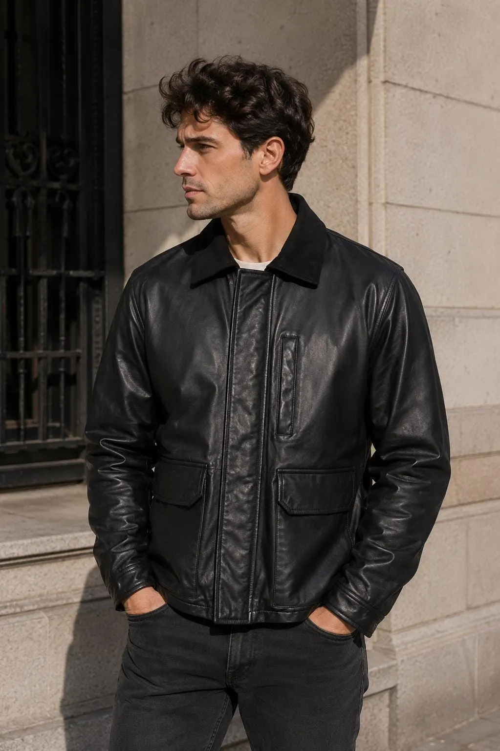 Men's Black Leather Utility Jacket | Minimalist Leather Coat
