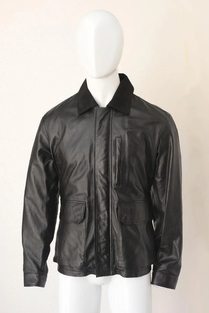 Men's Black Leather Utility Jacket | Minimalist Leather Coat