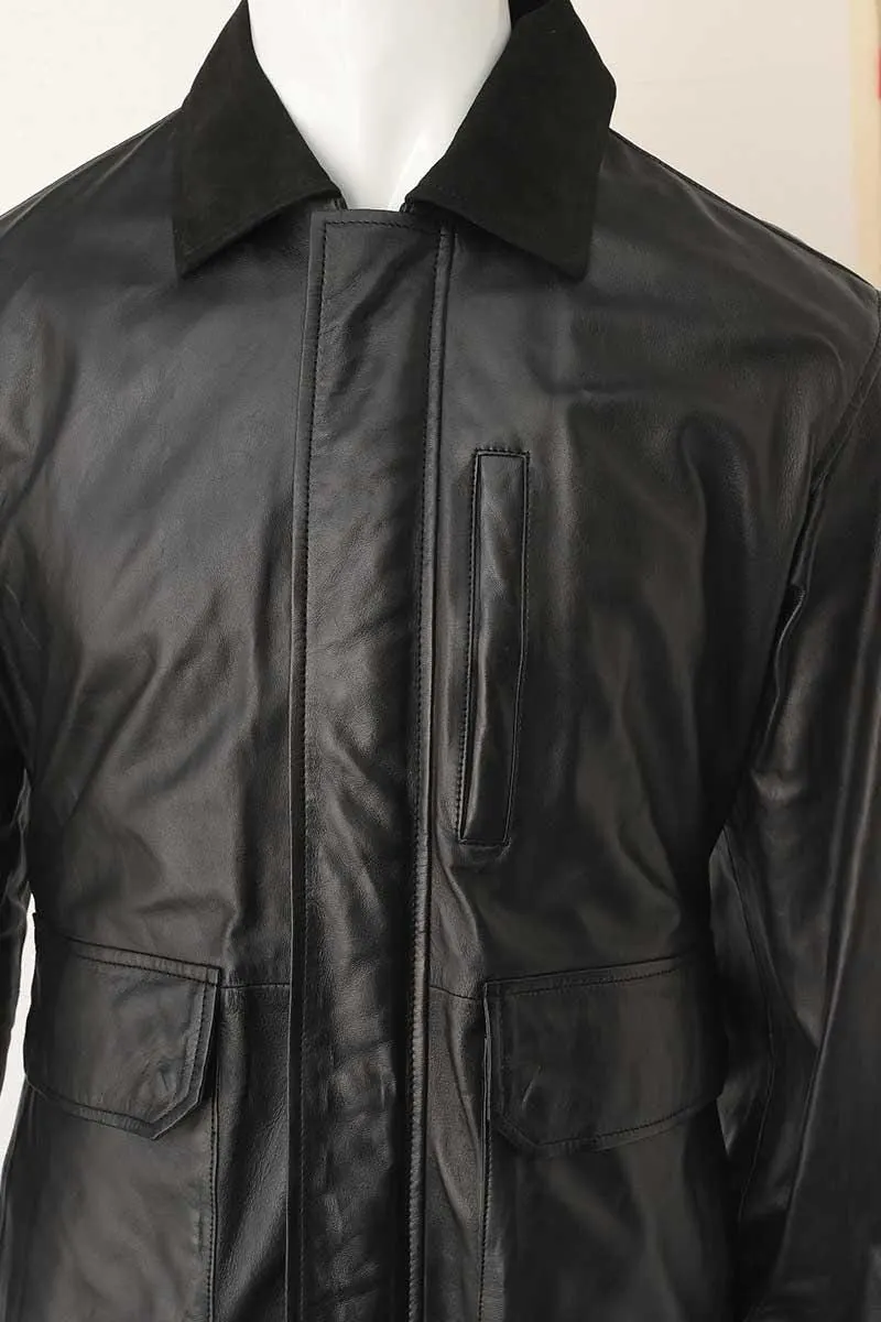 Men's Black Leather Utility Jacket | Minimalist Leather Coat