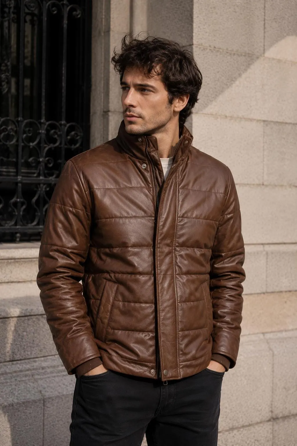 Men's Leather Puffer Jacket