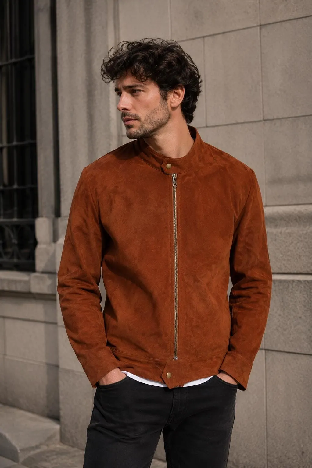 Men's Suede Leather Biker Jacket | Vintage Brown Cafe Racer Streetwear Coat