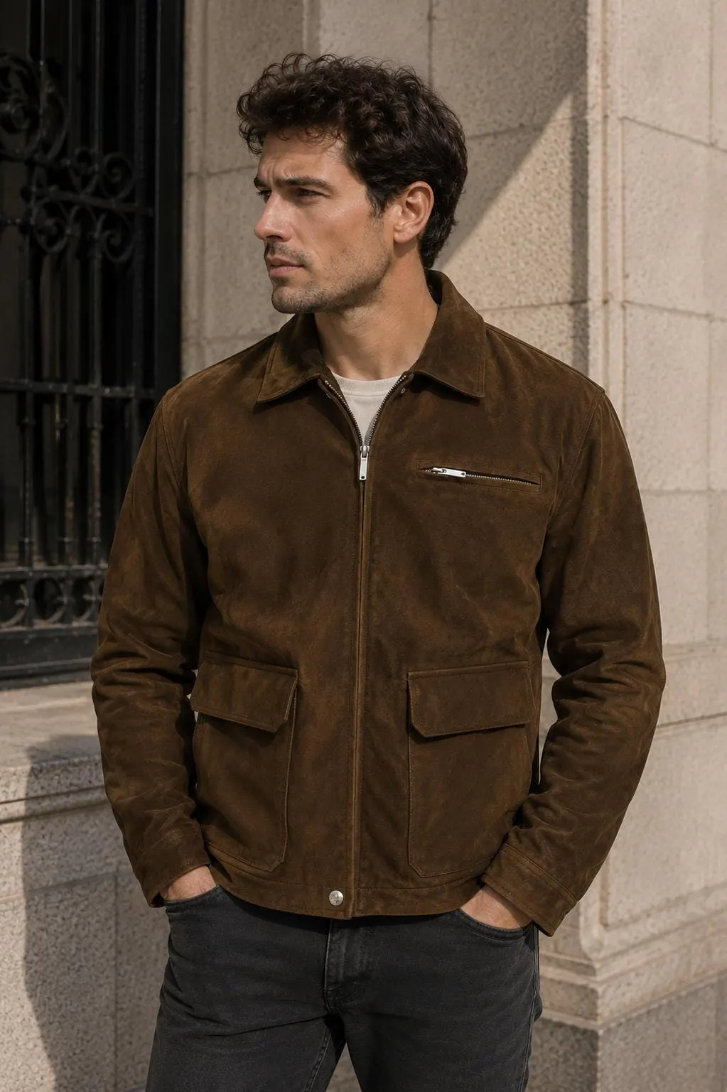 Men's Vintage Brown Suede Leather Jacket | Distressed Utility Coat