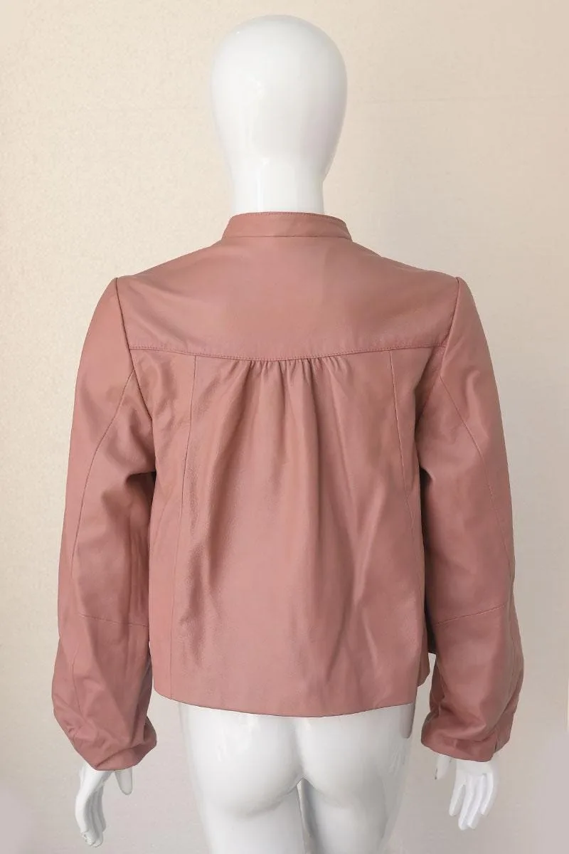 Minimalist Leather Jacket with Button Closure — Pink & Beige