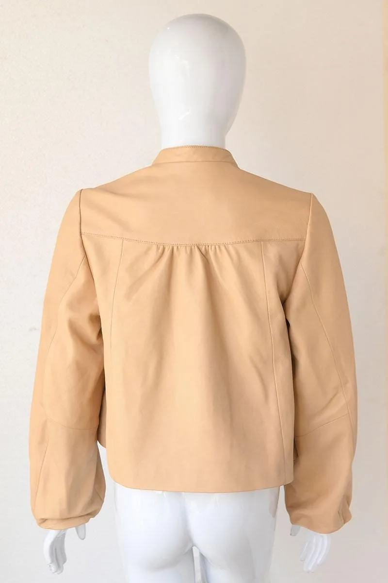Minimalist Leather Jacket with Button Closure — Pink & Beige