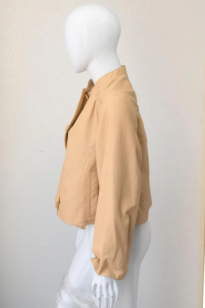 Minimalist Leather Jacket with Button Closure — Pink & Beige