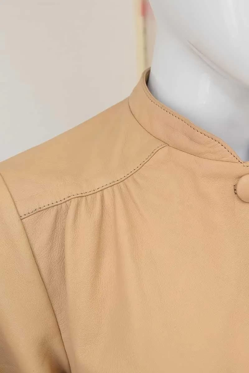 Minimalist Leather Jacket with Button Closure — Pink & Beige