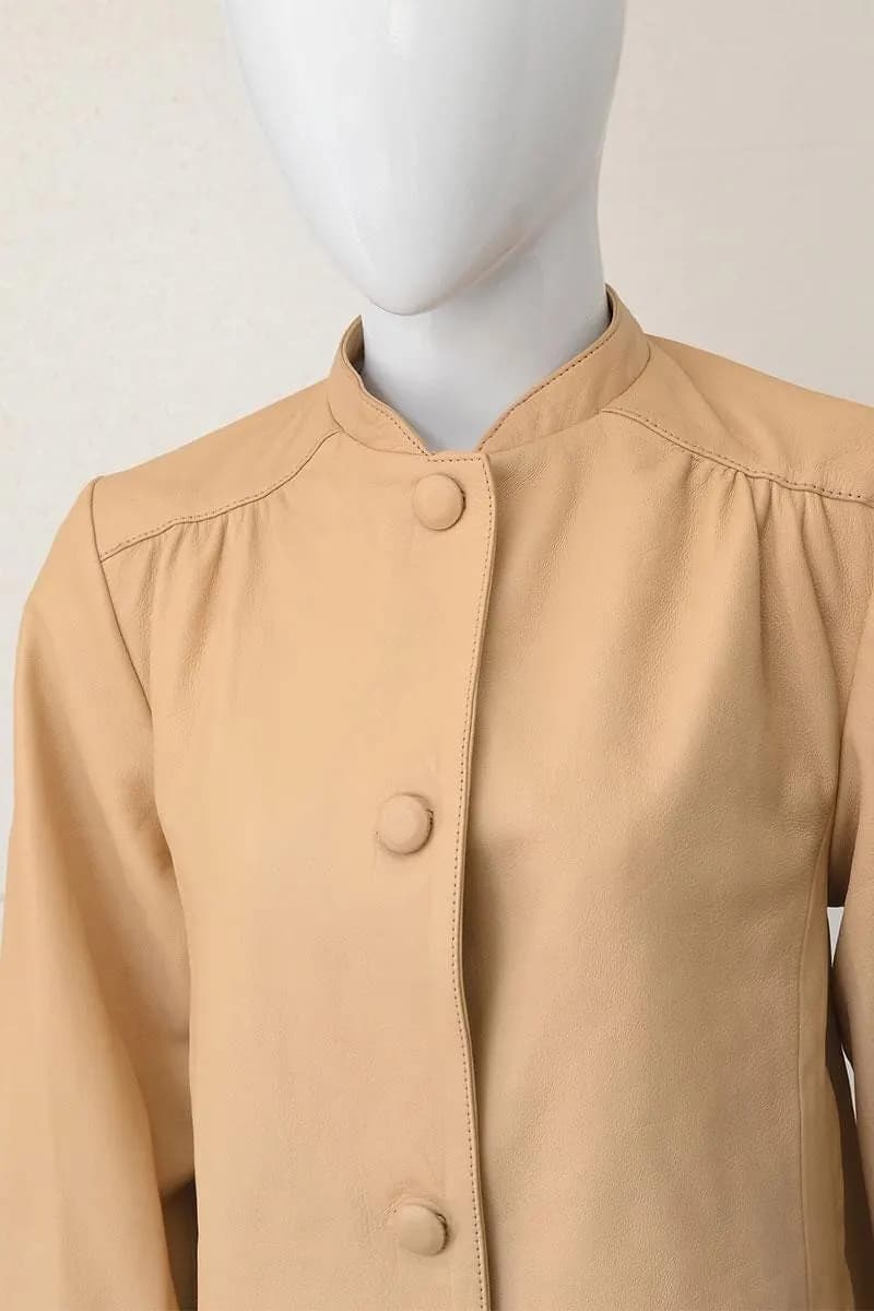 Minimalist Leather Jacket with Button Closure — Pink & Beige