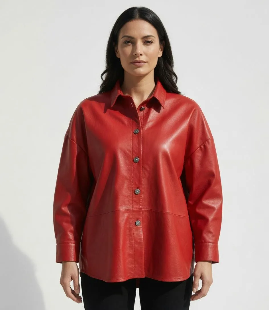 Oversized Red Leather Shirt Jacket | Pebbled Texture, Button-Up Blouse