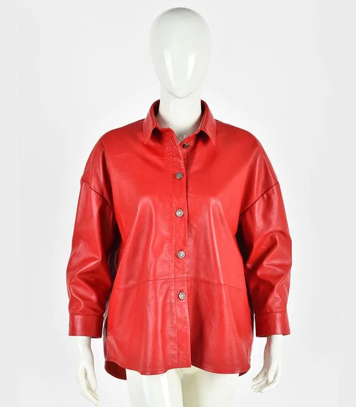 Oversized Red Leather Shirt Jacket | Pebbled Texture, Button-Up Blouse