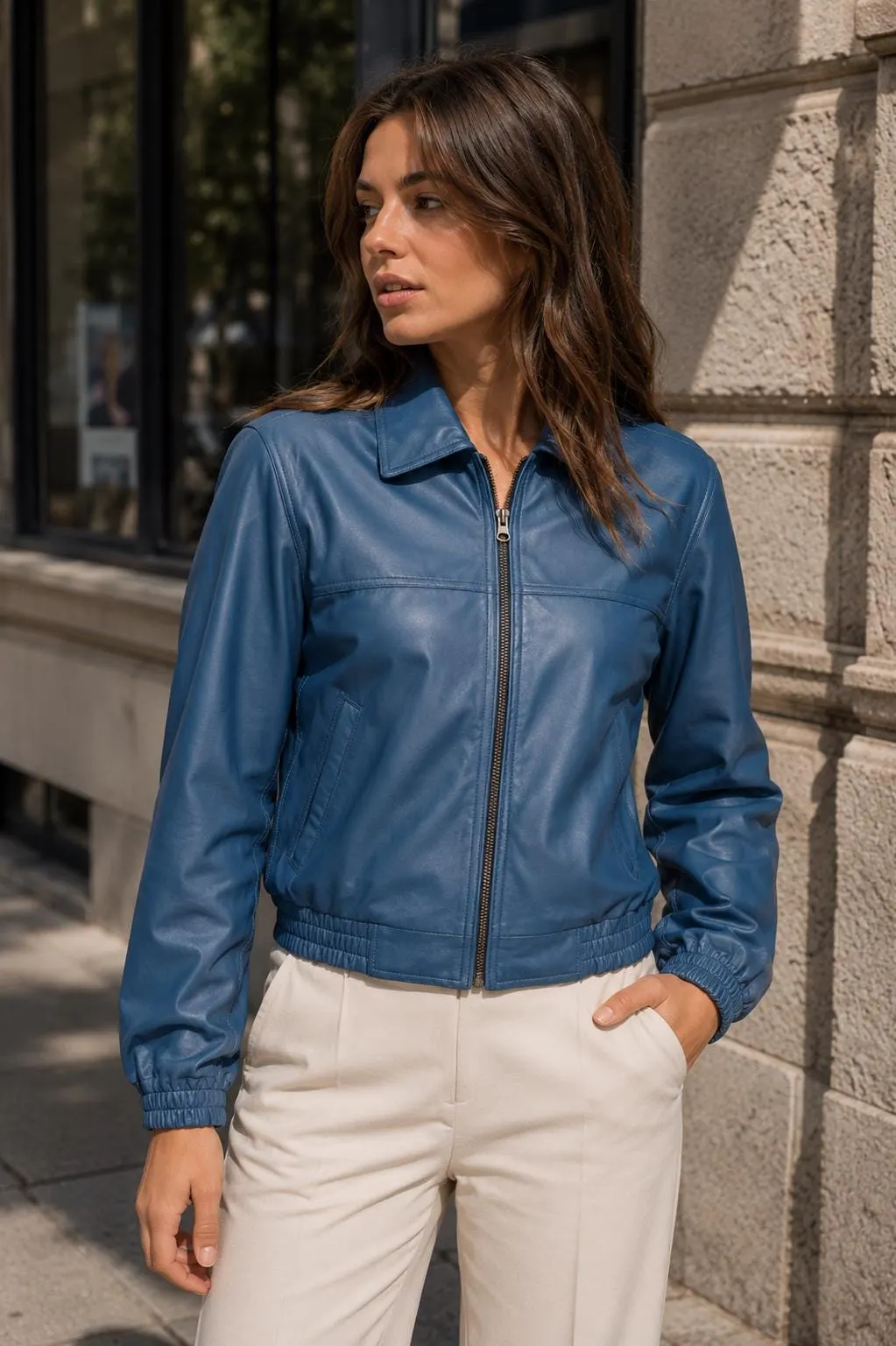 Women Blue Leather Bomber Jacket | Vintage Style Zip Jacket