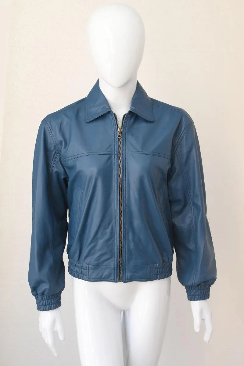 Women Blue Leather Bomber Jacket | Vintage Style Zip Jacket