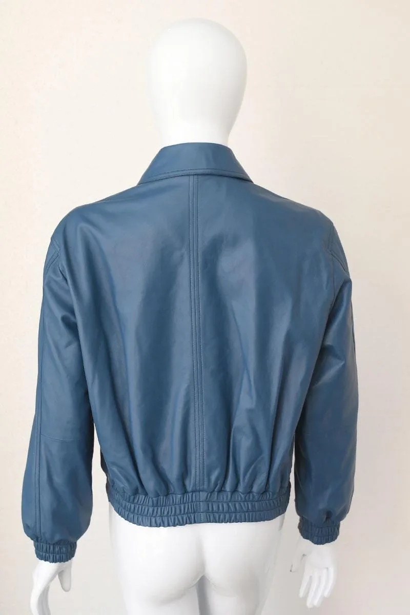 Women Blue Leather Bomber Jacket | Vintage Style Zip Jacket