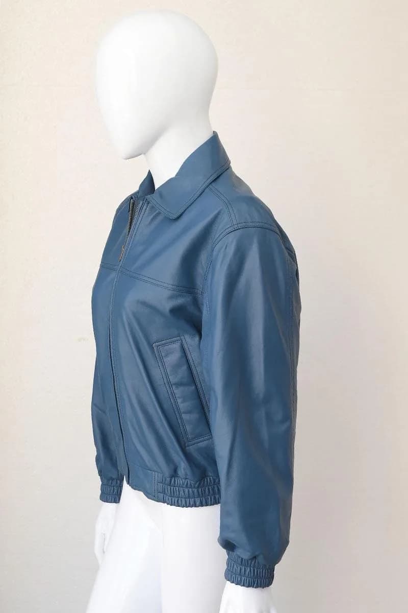 Women Blue Leather Bomber Jacket | Vintage Style Zip Jacket