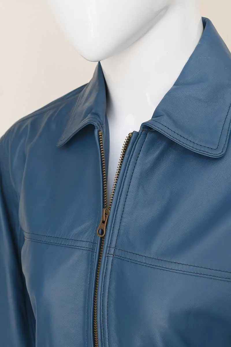 Women Blue Leather Bomber Jacket | Vintage Style Zip Jacket