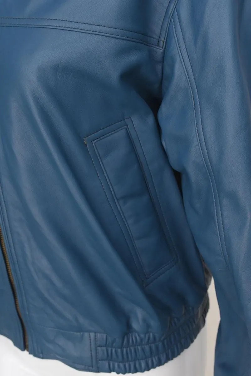 Women Blue Leather Bomber Jacket | Vintage Style Zip Jacket