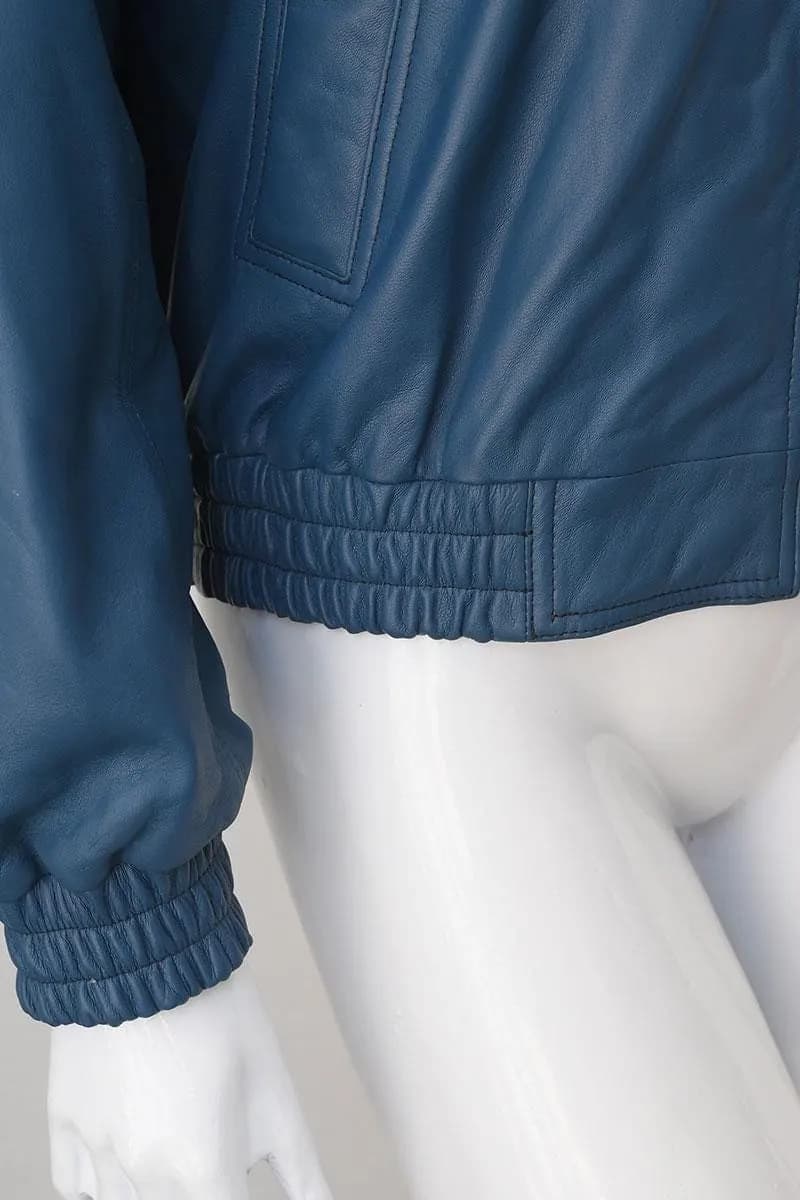 Women Blue Leather Bomber Jacket | Vintage Style Zip Jacket