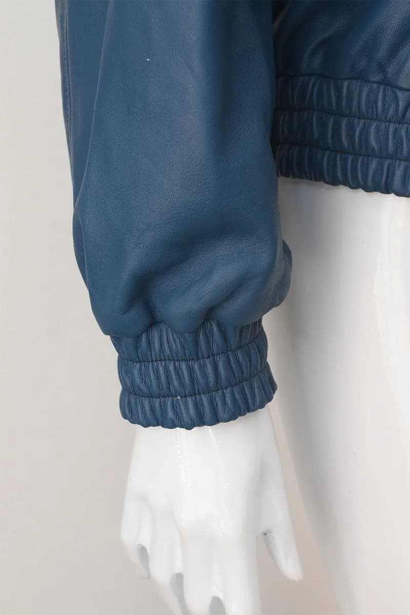 Women Blue Leather Bomber Jacket | Vintage Style Zip Jacket