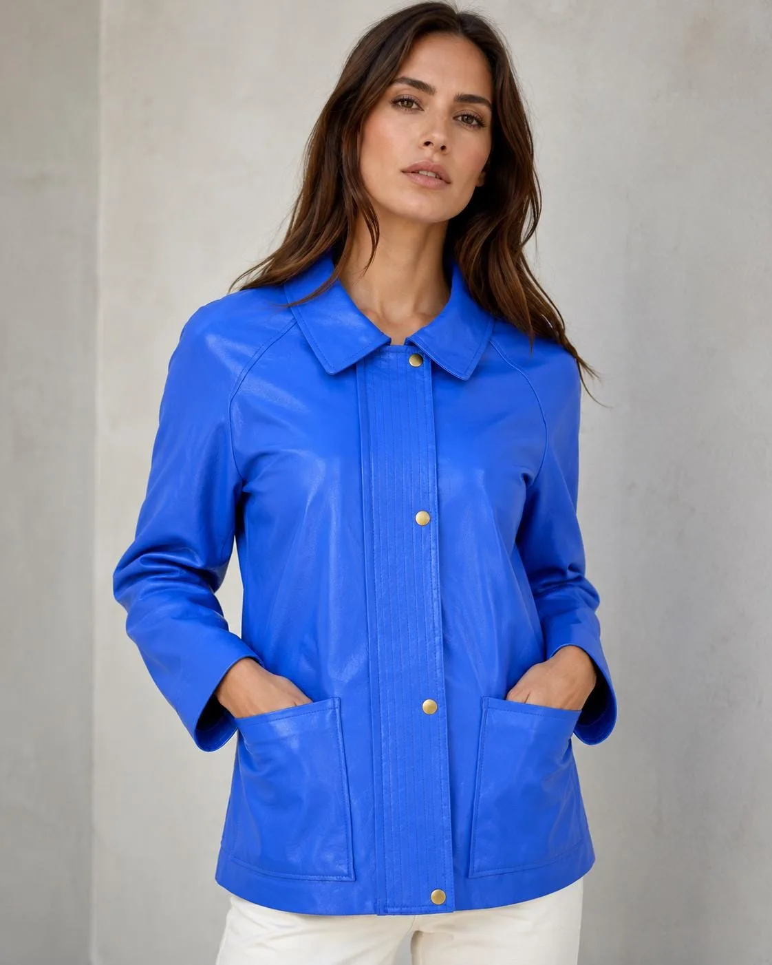 Women Blue Leather Jacket | Minimalist Button Front Coat