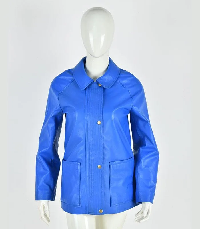Women Blue Leather Jacket | Minimalist Button Front Coat