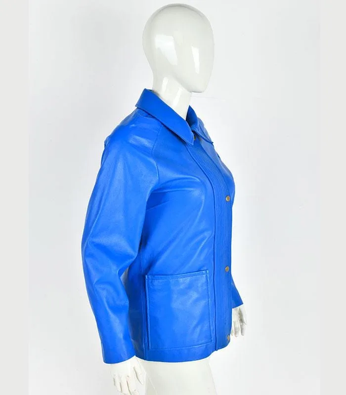 Women Blue Leather Jacket | Minimalist Button Front Coat