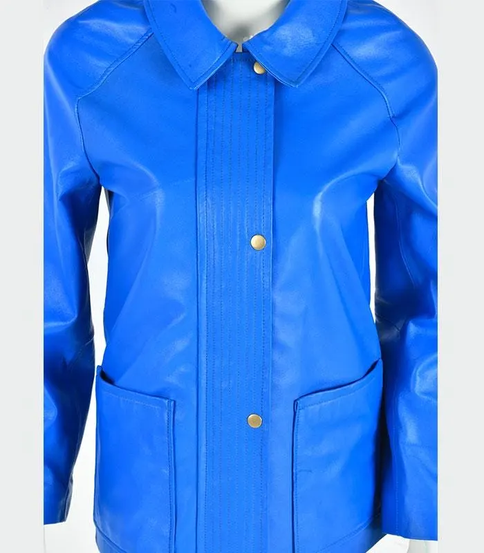 Women Blue Leather Jacket | Minimalist Button Front Coat