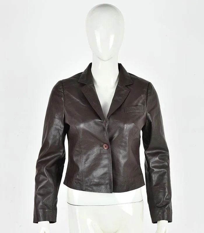 Women Brown Leather Blazer Jacket Cropped Slim Fit Classic Tailored Coat