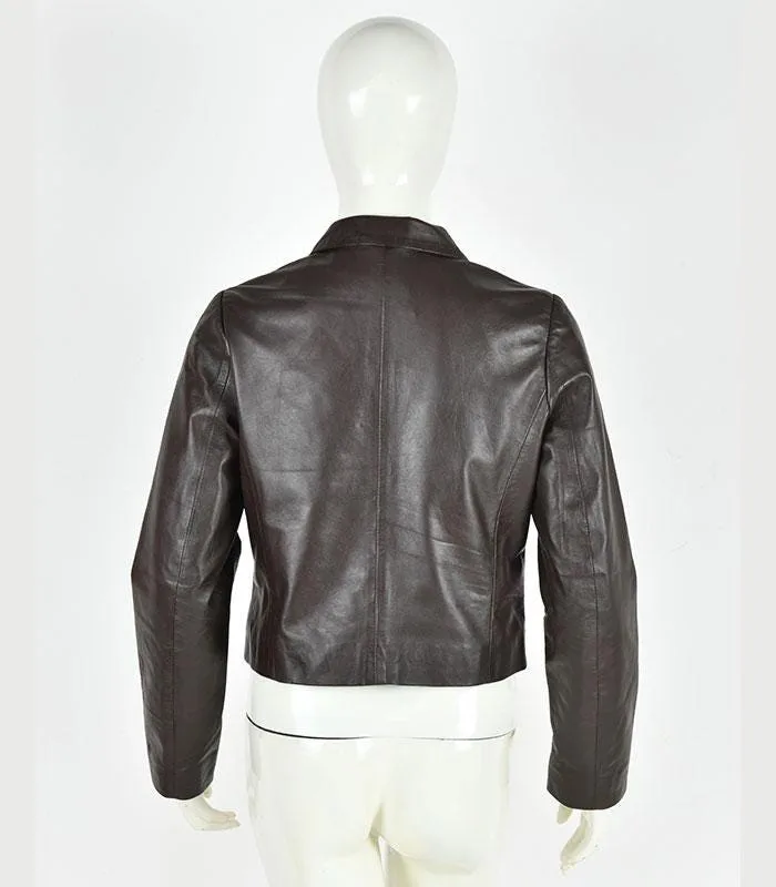 Women Brown Leather Blazer Jacket Cropped Slim Fit Classic Tailored Coat