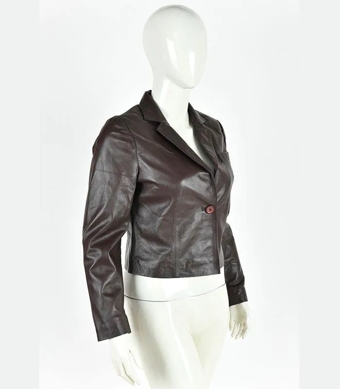 Women Brown Leather Blazer Jacket Cropped Slim Fit Classic Tailored Coat