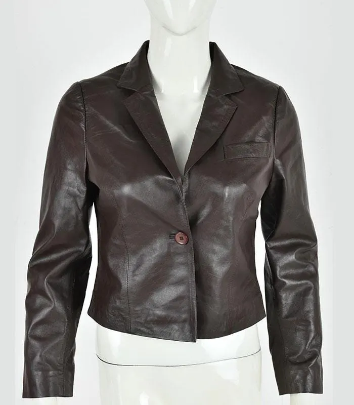 Women Brown Leather Blazer Jacket Cropped Slim Fit Classic Tailored Coat