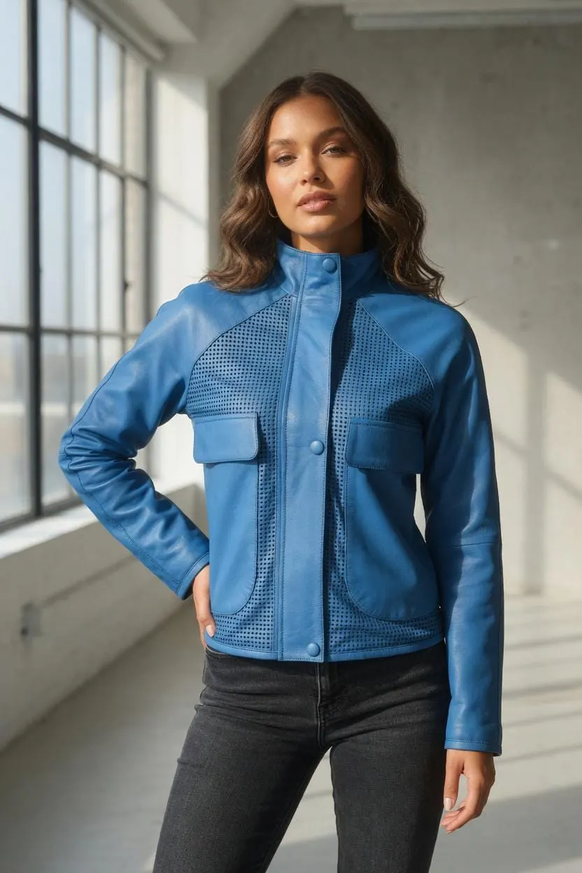 Women's Blue Perforated Leather Jacket - Button Up Moto Biker Jacket