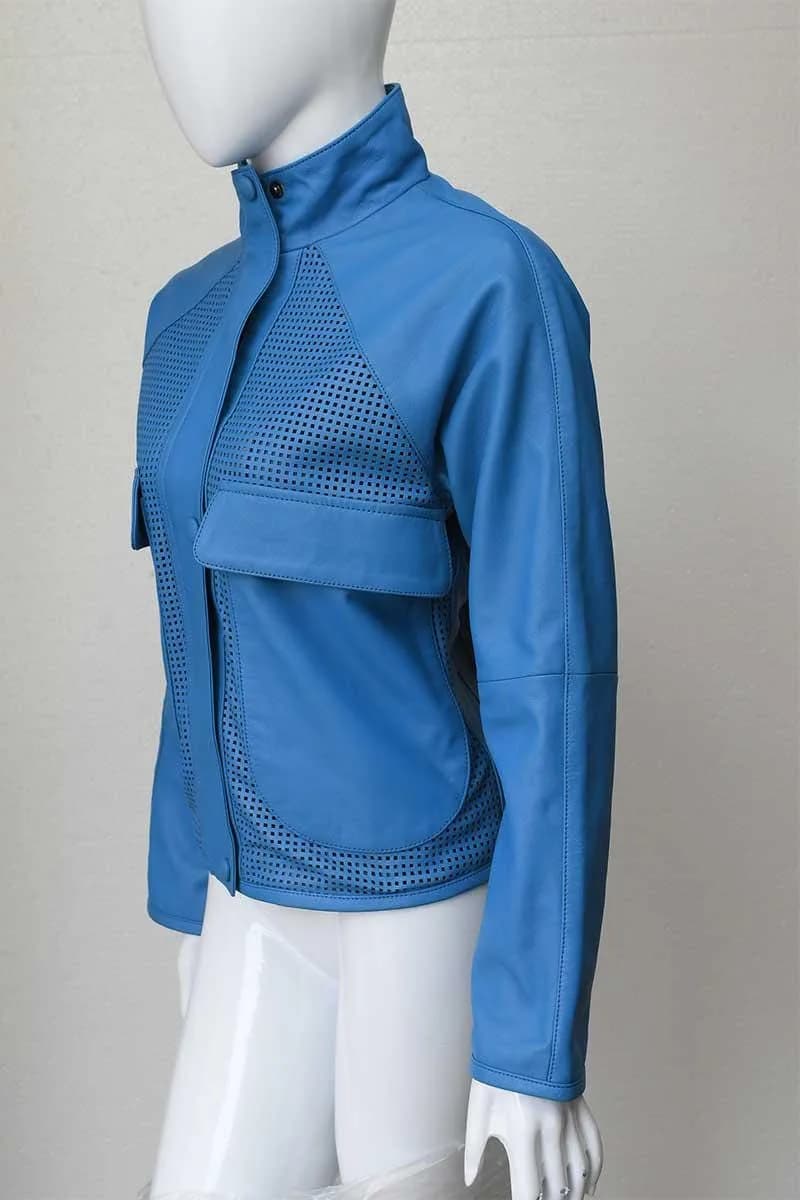 Women's Blue Perforated Leather Jacket - Button Up Moto Biker Jacket