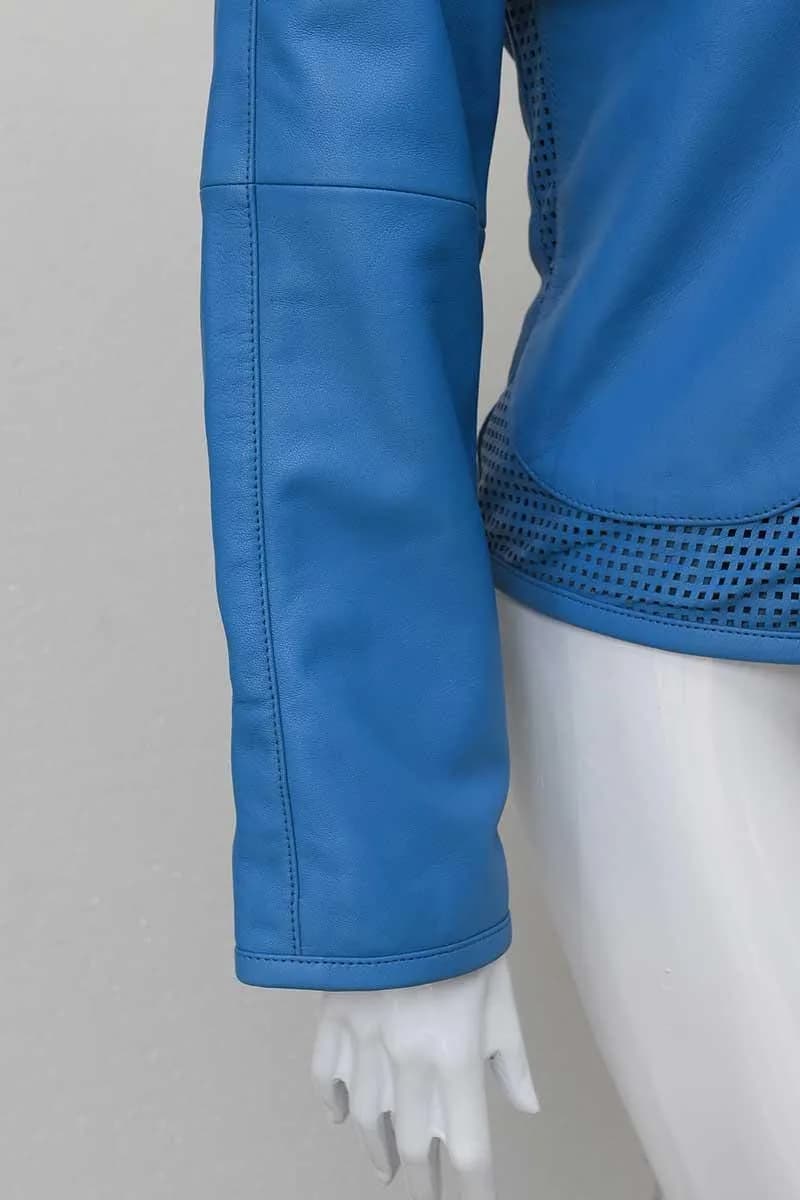 Women's Blue Perforated Leather Jacket - Button Up Moto Biker Jacket