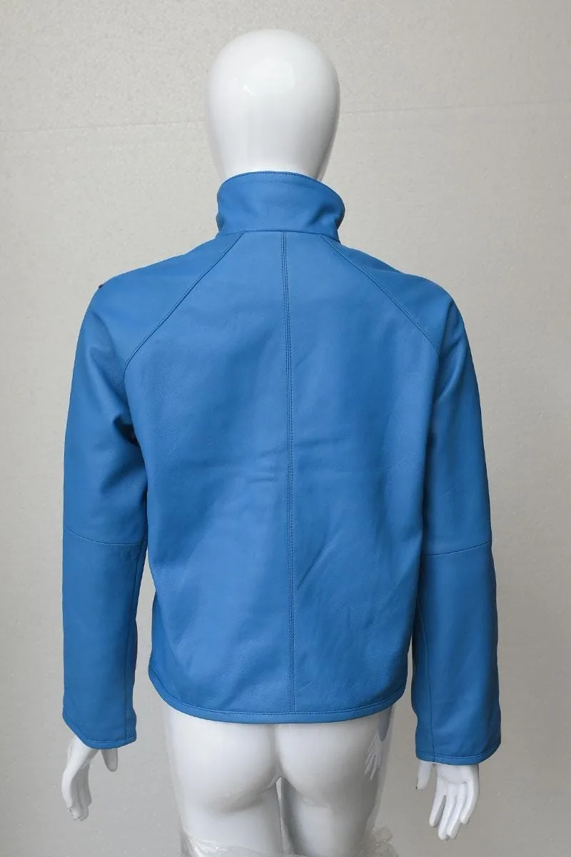 Women's Blue Perforated Leather Jacket - Button Up Moto Biker Jacket