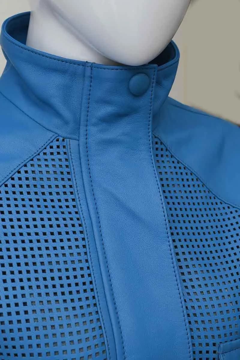 Women's Blue Perforated Leather Jacket - Button Up Moto Biker Jacket