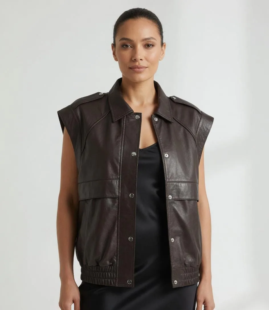 Women's Brown Genuine Leather Waistcoat | Button Front Sleeveless Vest