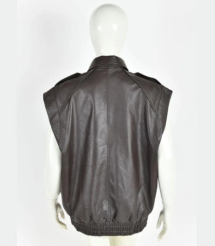 Women's Brown Genuine Leather Waistcoat | Button Front Sleeveless Vest