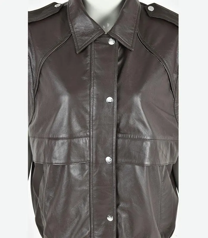 Women's Brown Genuine Leather Waistcoat | Button Front Sleeveless Vest