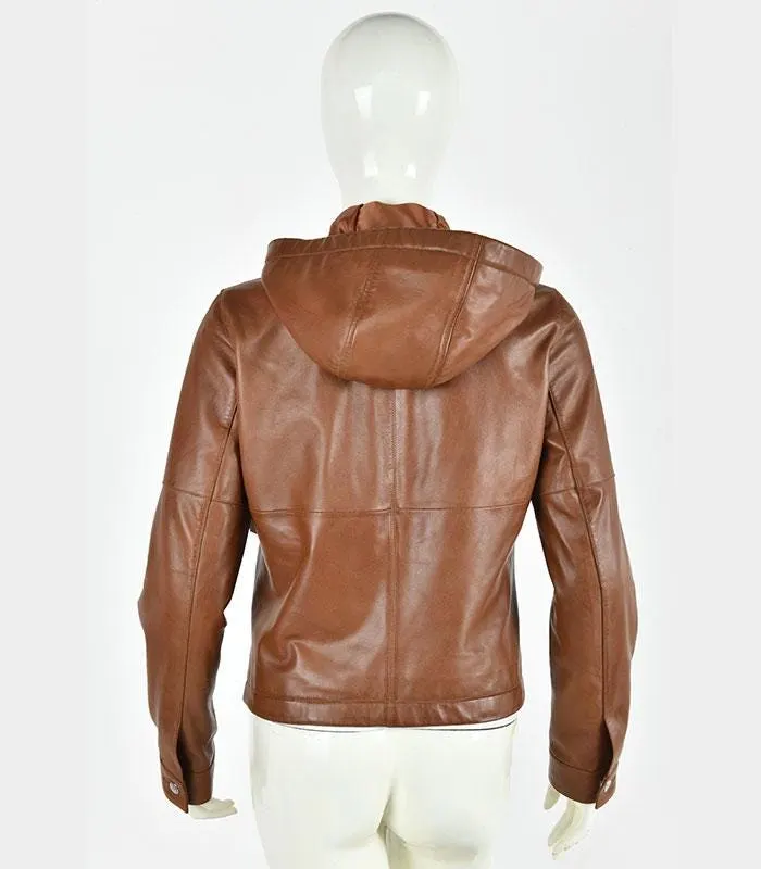Women's Brown Leather Hooded Jacket | Zip Up Hoodie Coat, Vintage Style