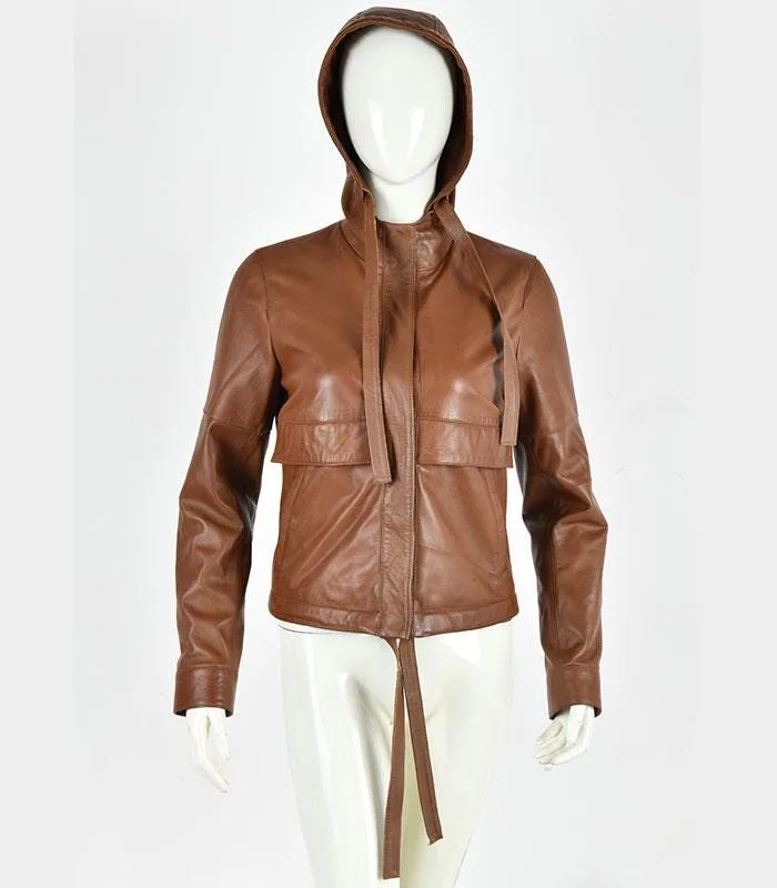 Women's Brown Leather Hooded Jacket | Zip Up Hoodie Coat, Vintage Style