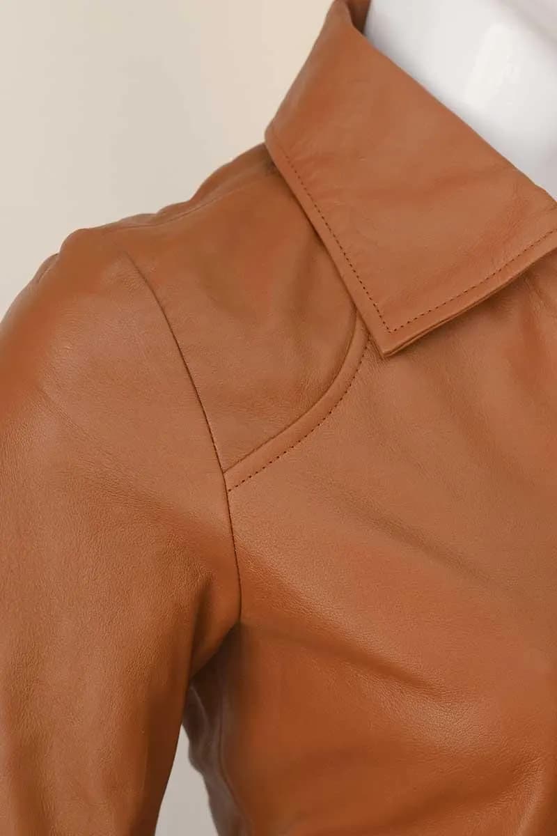 Women's Brown Leather Jacket - Fitted Cognac Tan Moto Biker Zip Up Jacket