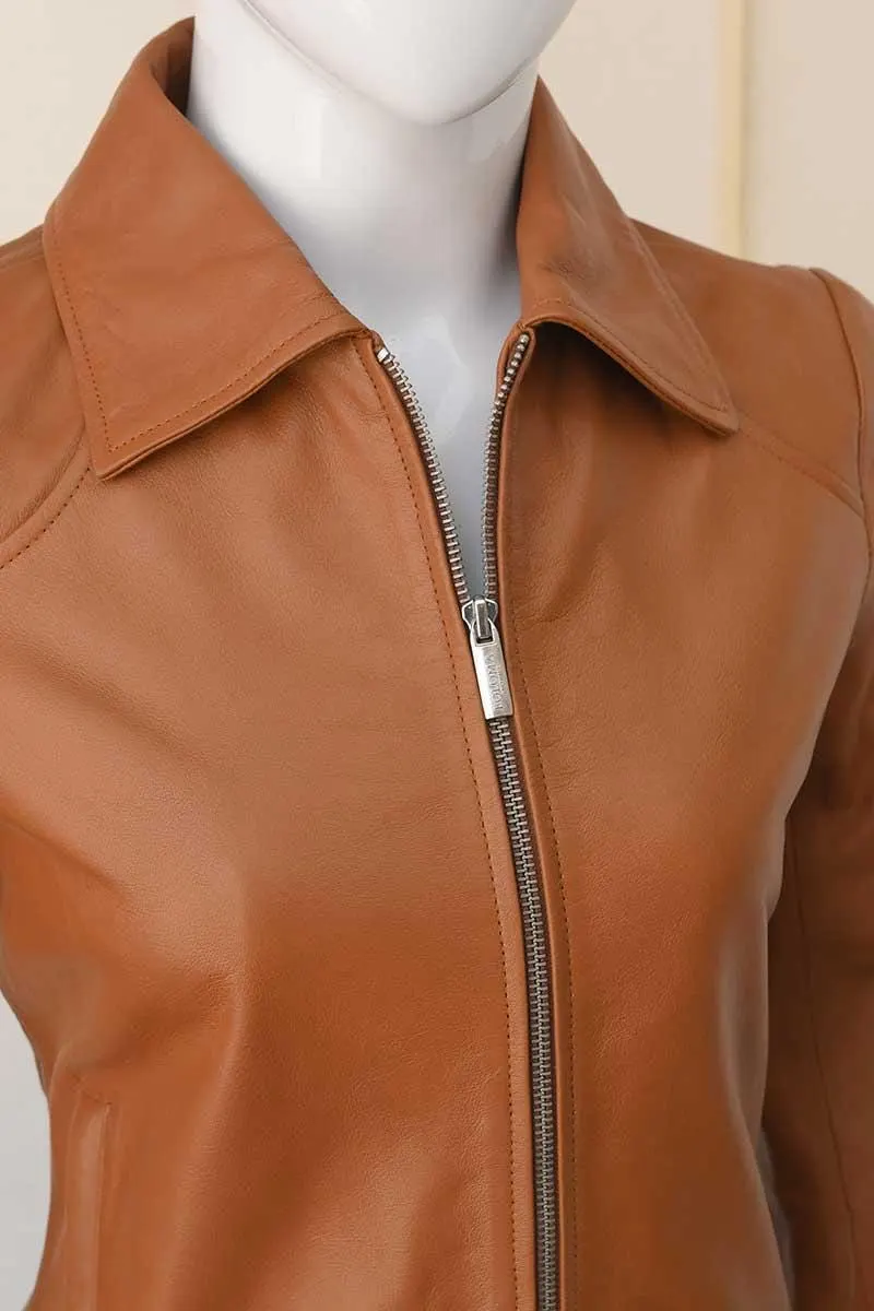 Women's Brown Leather Jacket - Fitted Cognac Tan Moto Biker Zip Up Jacket